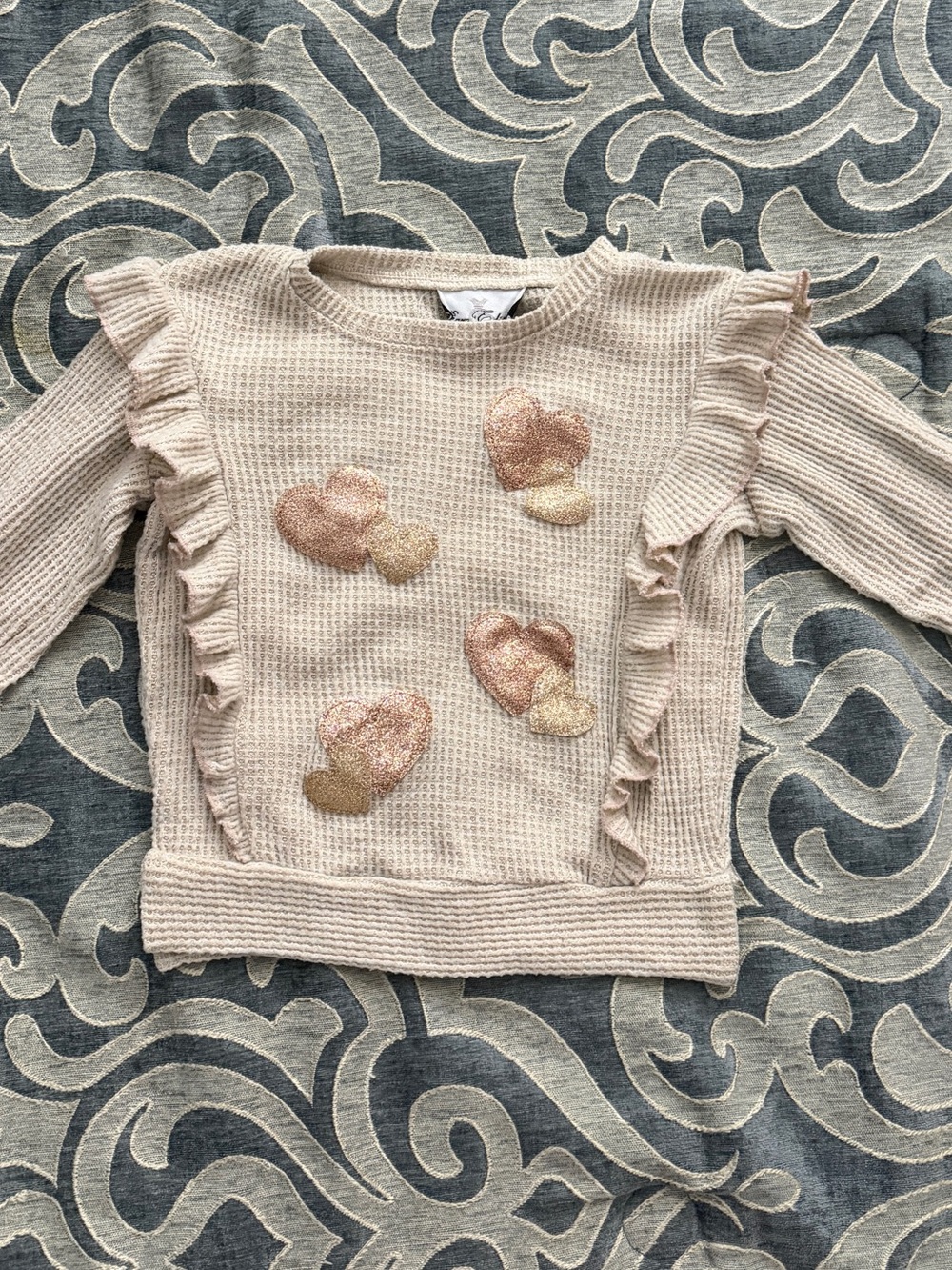 Rare Editions Cream Waffle Knit Sweater with Metallic Heart Appliqués